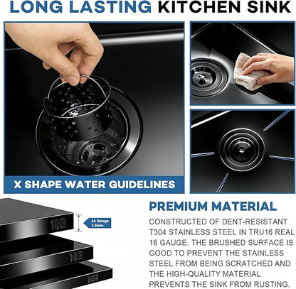 32 Inch Black Undermount Kitchen Sink,16 Gauge 304 Stainless Steel Kitchen Sink Single Bowl, 32"x19"x10" Undermount Sink Ledge Workstation Sinks With All Accessories, Large and Deep Sink