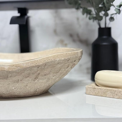 Shades of Nature Oval Travertine Vessel Sink – Natural Stone Wash Basin, Hand-Carved Bathroom Sink with Chiseled Exterior & Polished Interior, Above Counter Vanity Basin (Includes Matching Soap Tray)