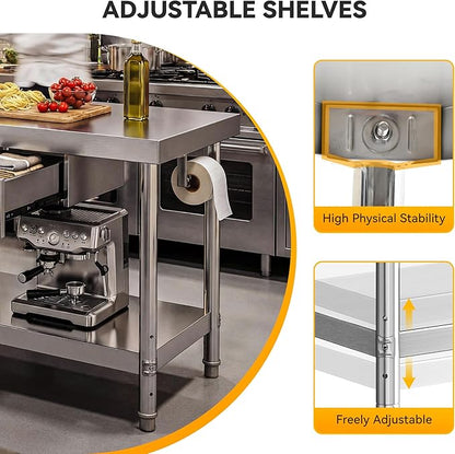 DWVO 60x24in Stainless Steel Table, NSF Metal Prep Worktable with 2 Drawers for Kitchen Restaurant Hotel Garage Warehouse Home