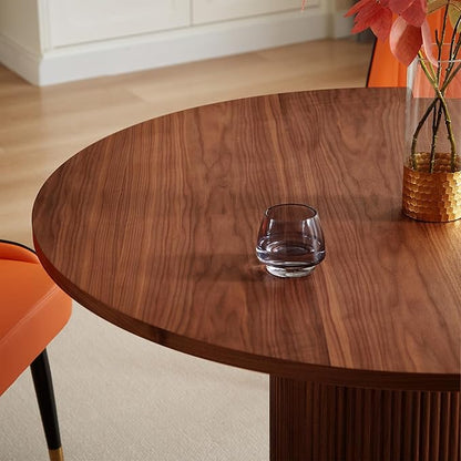 Round Dining Table Set for 6, 46.46" Modern Farmhouse Dining Table and 4 Leather Dining Chair, Circle Kitchen Tables with Wood & Gold Stainless Steel Base for Living Room, Kitchen, Brown