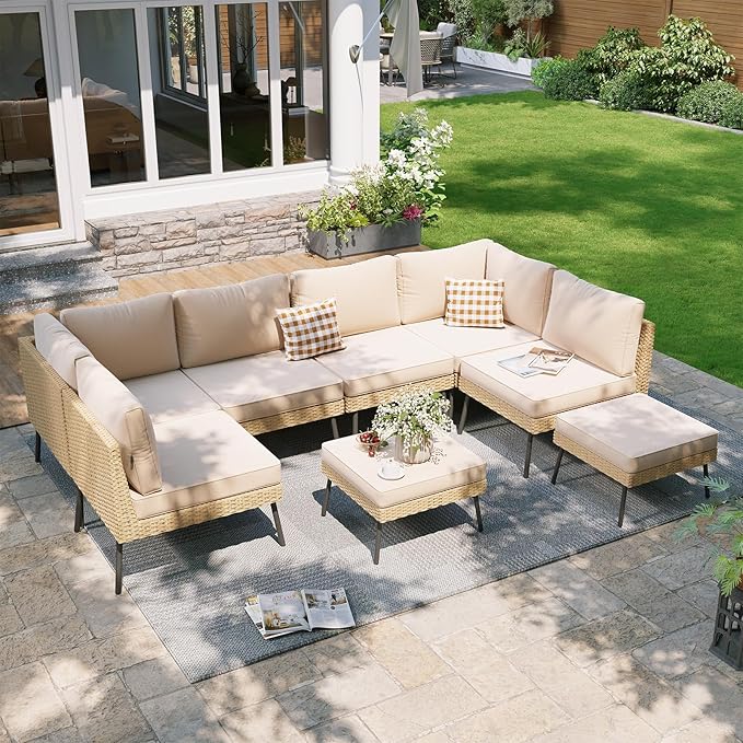 Aoxun 8-Piece Patio Furniture Set, Wicker Outdoor Furniture with Water Resistant Thick Cushions, Patio Conversation Set Outdoor Sectional Sofa with Coffee Table for Backyard Poolside, Beige