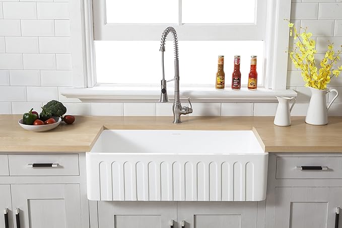 Kingston Brass Gourmetier GKFA361810CD Solid Surface White Stone Apron Front Farmhouse Single Bowl Kitchen Sink, Matte White