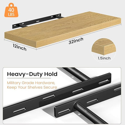 12 Inch Deep Floating Shelves, 32W x 12D Floating Shelf for Books, Rustic Wood Deep Wall Shelves for Home Storage & Display, 1.5" Thicked Shelves for Kitchen, Living Room, Bedroom, Oak, 2 Pack