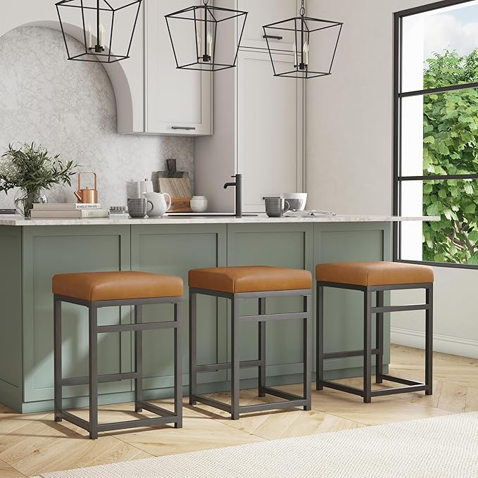 Homepop Home Decor | Modern 24-Inch Counter Stool | Backless Metal Frame Bar Stools Counter Height | Decorative Home Furniture, Carmel Faux Leather