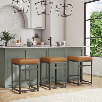 Homepop Home Decor | Modern 24-Inch Counter Stool | Backless Metal Frame Bar Stools Counter Height | Decorative Home Furniture, Carmel Faux Leather
