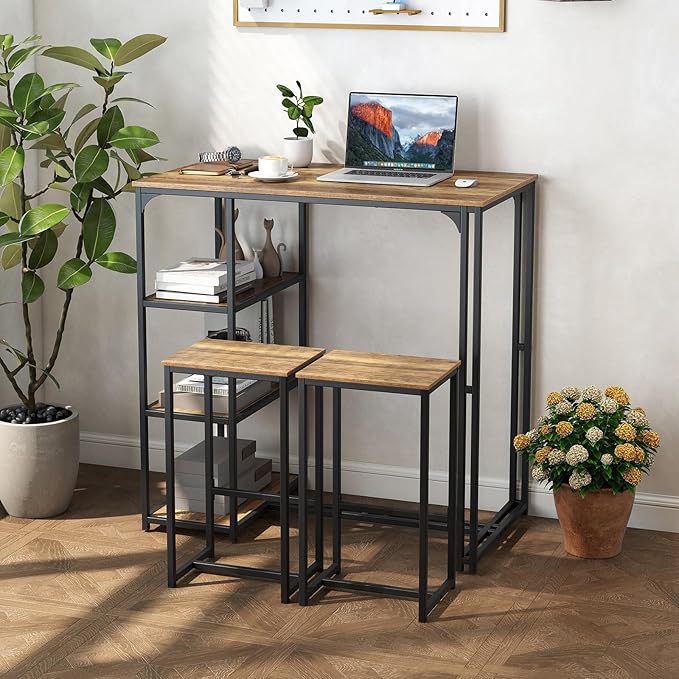 Giantex 3-Piece Dining Table Set for 2, Bar-Height Kitchen Table with 2 Stools, 3 Storage Shelves, Pub Table & Chairs Set for Small Place Apartment Living Room High Top Breakfast Nook Restaurant