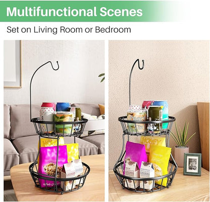 SAYZH 2-Tier Fruit Basket Bowl Stackable Vegetable Storage with Banana Tree Hanger Stand for Kitchen Countertop, Metal Wire Basket for Bread Onions Potatoes Black
