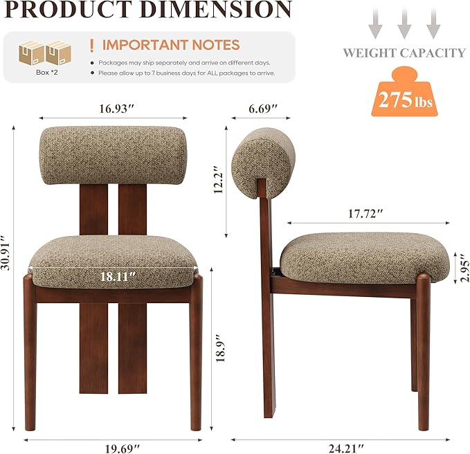 MALOL Modern Wooden Dining Chairs Set of 4, Upholstered Fabric Kitchen Chairs with Sculptural Backrest, Mid-Century Farmhouse Dining Room Chairs with Solid Wood Legs, Camel