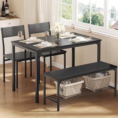 DUMOS Dining Table, Dining Table Set for 4 with Bench, Easy to Assemble Kitchen Table, Space-Saving Ideal 4-Person Set for Dining Room Kitchen Apartment Corner Dark Black 4 Pack