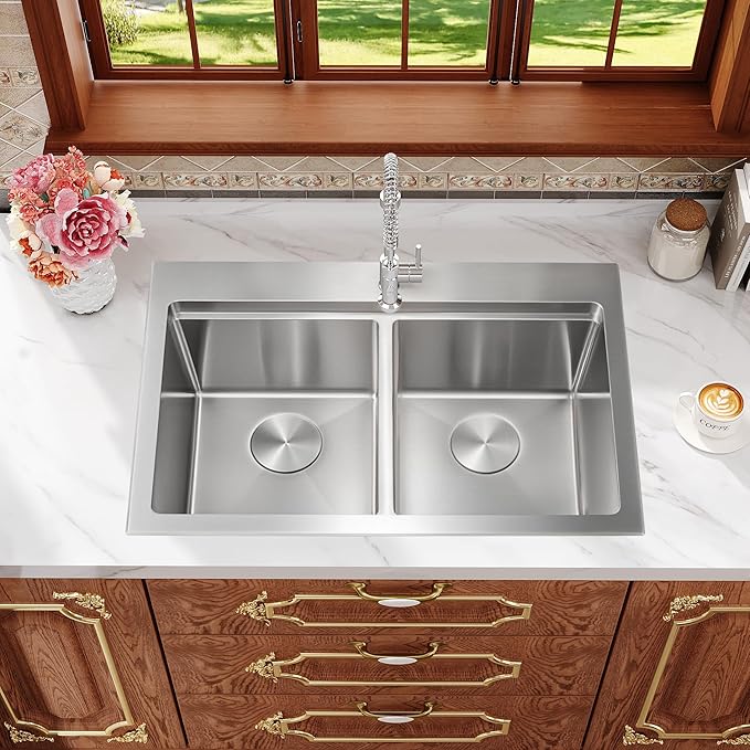 Rhbamoa Double Bowl Drop In Kitchen Sink 31 Inch,16-Gauge T304 Stainless Steel Topmount Kitchen Sink,50/50 Double Bowl Kitchen Sinks,10 Inch Deep Sinks with All Accessories, Brushed Finish