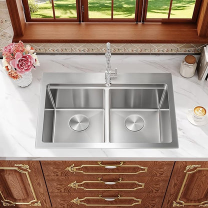Rhbamoa Double Bowl Drop In Kitchen Sink 31 Inch,16-Gauge T304 Stainless Steel Topmount Kitchen Sink,50/50 Double Bowl Kitchen Sinks,10 Inch Deep Sinks with All Accessories, Brushed Finish