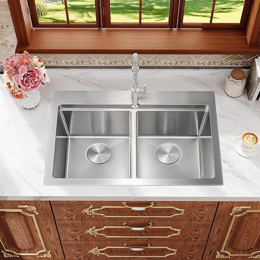 Rhbamoa Double Bowl Drop In Kitchen Sink 31 Inch,16-Gauge T304 Stainless Steel Topmount Kitchen Sink,50/50 Double Bowl Kitchen Sinks,10 Inch Deep Sinks with All Accessories, Brushed Finish
