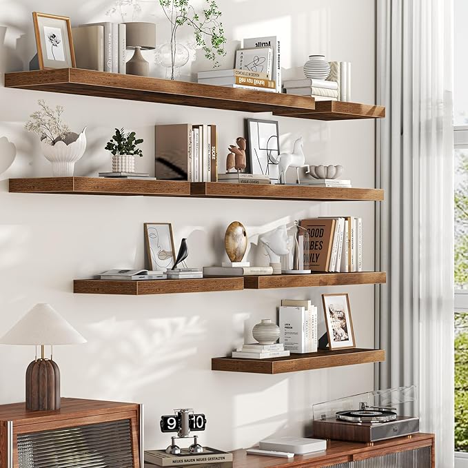 Floating Shelves for Wall, 16'' W x 12'' D Wall Mounted Rustic Wood Shelves for Bathroom, Bedroom, Living Room, Kitchen, Hanging Shelf for Storage/Room Decor with Heavy Duty Brackets, Brown, 2 Pack