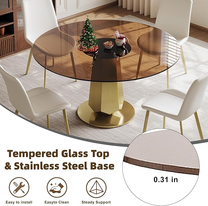 53" Brown Glass Round Dining Table for 4-8 People, Modern Kitchen Table with Smoked Tempered Glass Top & Gold Stainless Steel Base, Easy Assembly, for Dining Room & Kitchen