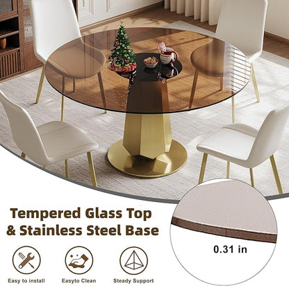 53" Brown Glass Round Dining Table for 4-8 People, Modern Kitchen Table with Smoked Tempered Glass Top & Gold Stainless Steel Base, Easy Assembly, for Dining Room & Kitchen
