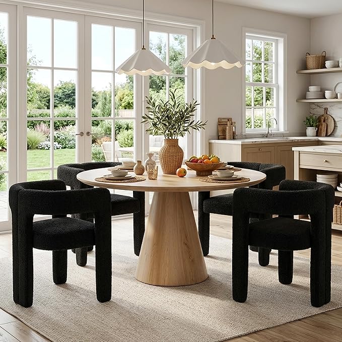 VESCASA Modern Barrel Dining Chairs Set of 4 with Open Back, Upholstered Boucle Accent Kitchen Armchairs with Wood Legs for Dining Room Reception Small Space, Black