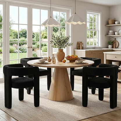 VESCASA Modern Barrel Dining Chairs Set of 4 with Open Back, Upholstered Boucle Accent Kitchen Armchairs with Wood Legs for Dining Room Reception Small Space, Black