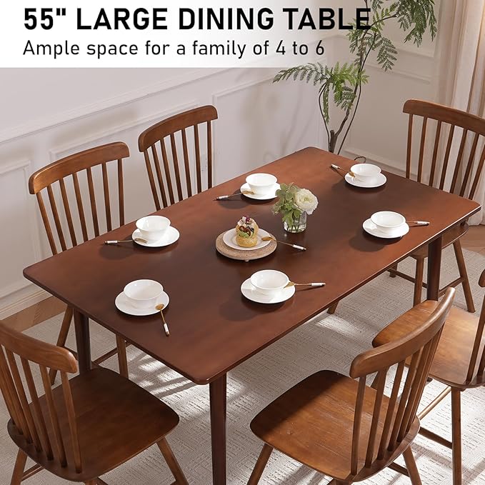 BAKEVE Bamboo Dining Table for 4-6-8 Person- 55'' Solid Wood Kitchen Table, Mid Century Modern Desk, Farmhouse Rectangular Dining Room Table for Living Room, Office, Kitchen and Study (Walnut)