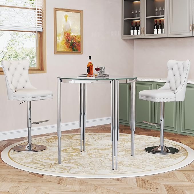 37" Round Bar Table, Modern High Pub Table with Clear Tempered Glass Top and Polished Silver Stainless Steel Legs, Counter Height Table for Kitchens, Apartments, and Small Spaces