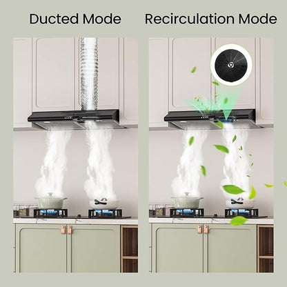 FIREGAS 30 Inch Black Under Cabinet Range Hood, Ducted/Ductless Convertible Kitchen Vent Hood with LED Light, 3-Speed Exhaust Fan, Push Button Control, Slim Stove Hood for Modern Kitchen