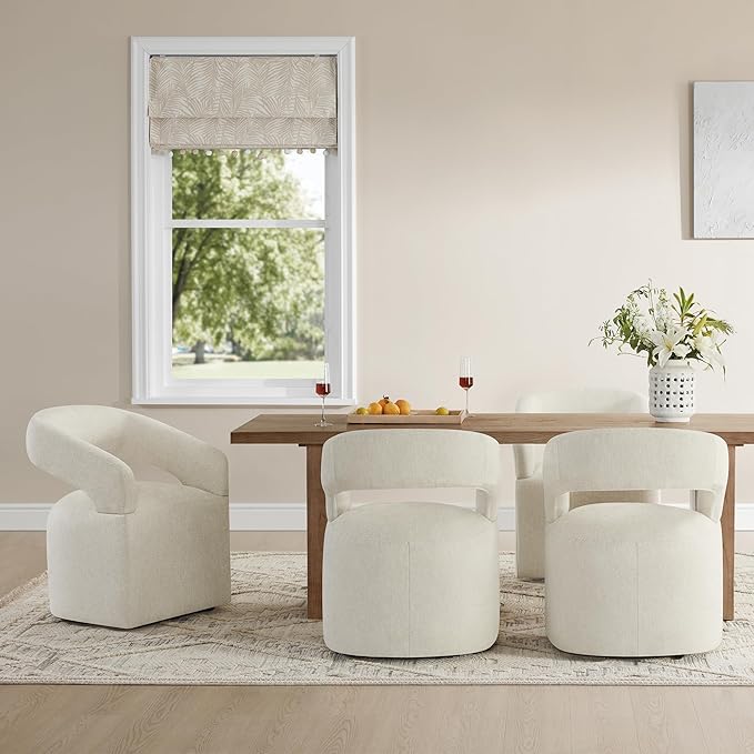KISLOT Upholstered Dining Chairs with Casters, Modern Barrel Side Armchair with Rollers for Dining Room, Bedroom, Kitchen, Reading Room, Cream Beige, Set of 2