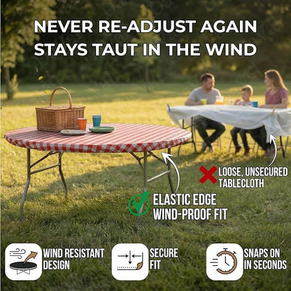 Kwik-Covers 10 Pack of Round Plastic Table Covers - 60" or 72" Round - Indoor or Outdoor Fitted Covers (Tables NOT Included) (Red Gingham, 72" Round)