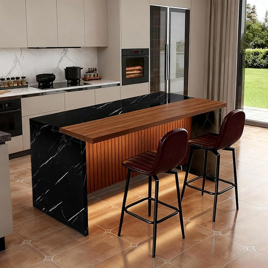 Runboll 63" Large Island Table Set with 2 Bar Stools, Modern Faux Marble Dining Table Set with Multi-Color LED Lights, Kitchen Island with Grille Design for Dining Room, Home, Office, Living Room