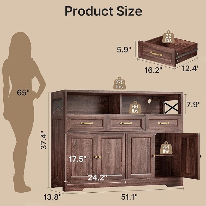 Ahomly 51" Buffet Cabinet with Adjustable Storage, Charging Port - 3 Drawers & 4 Doors Large Sideboard, Multi - Scene Coffee Bar/Microwave Stand for Kitchen,Living Room,Entryway（Brown）