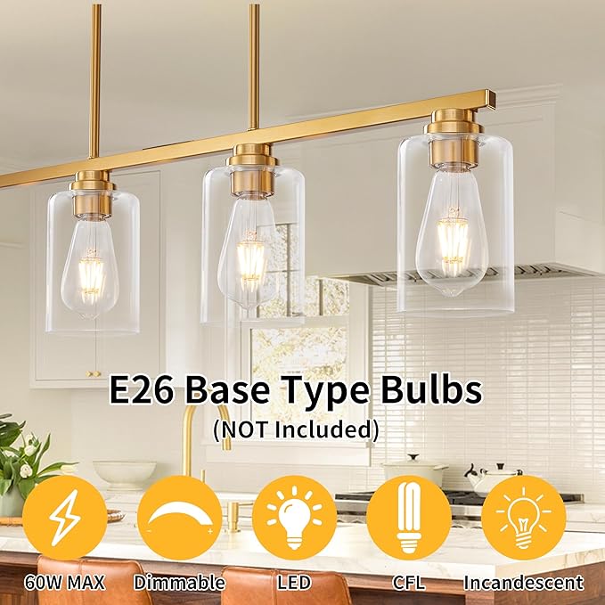 Mecgirn Island Light for Kitchen, Brushed Gold Dining Room Light Fixture Over Table, 5-Light Linear Chandelier Pendant Lighting for Dining Table Kitchen Island Living Room