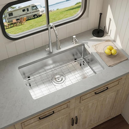 Kitsitchen RV Ktichen Sink, 27" x 16" x 7" Stainless Steel Undermount Kitchen Sinks with Sink Drain Strainer & Bottom Gird, Single Bowl Kitchen Sink Used At RV, Outdoor,Bathroom,Camper