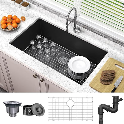 YITAHOME Black Kitchen Undermount Sink 32in Single Bowl 16 Gauge Stainless Steel Nano Gunmetal Black Sink with Accessories for Workstation, Prep Kitchen, Bar 32 x 19 x 10in