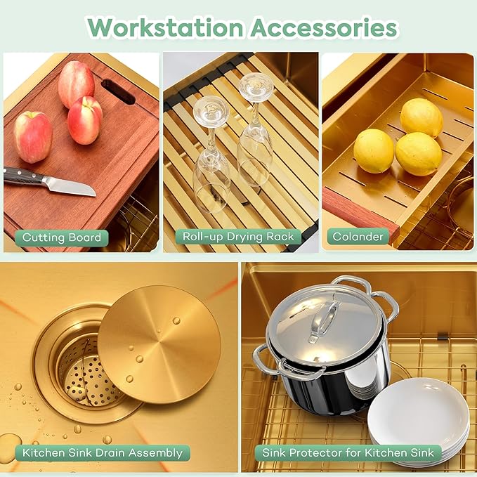 Gold Undermount Kitchen Sink,16 Gauge SUS304 Stainless Steel All In One Workstation Sinks with Full Set Accessories, 32" x 18" x 10" Large and Deep Handmade Single Bowl Kitchen Sinks