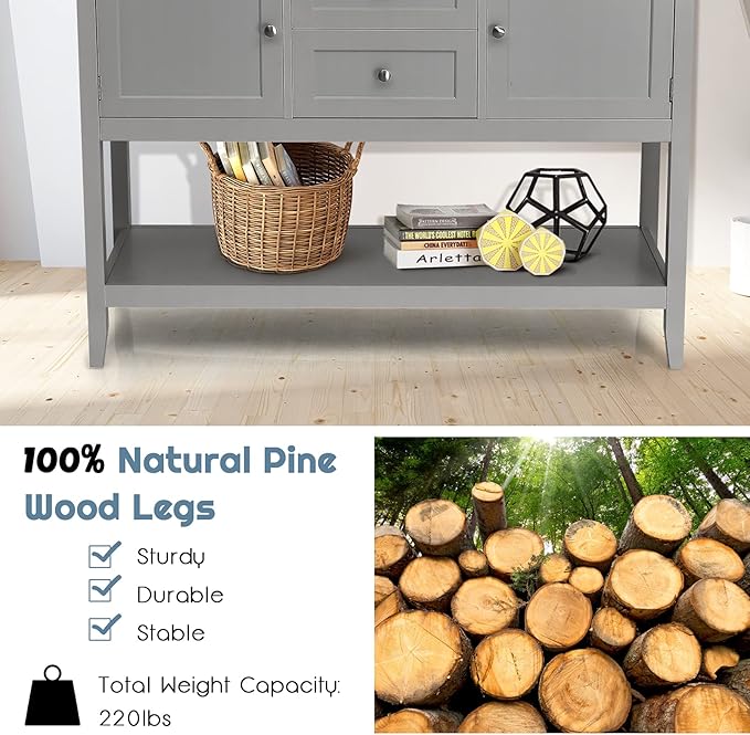 Byroce Farmhouse Coffee Bar Cabinet, Wood Kitchen Island with 2 Cabinets, Storage Drawers & Open Shelf, Buffet Sideboard Console Table for Home Living Room, Kitchen, Dining Room (Grey)
