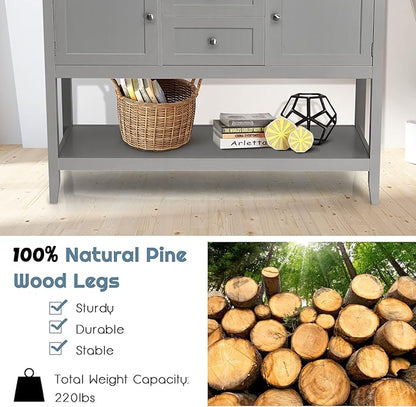 Byroce Farmhouse Coffee Bar Cabinet, Wood Kitchen Island with 2 Cabinets, Storage Drawers & Open Shelf, Buffet Sideboard Console Table for Home Living Room, Kitchen, Dining Room (Grey)