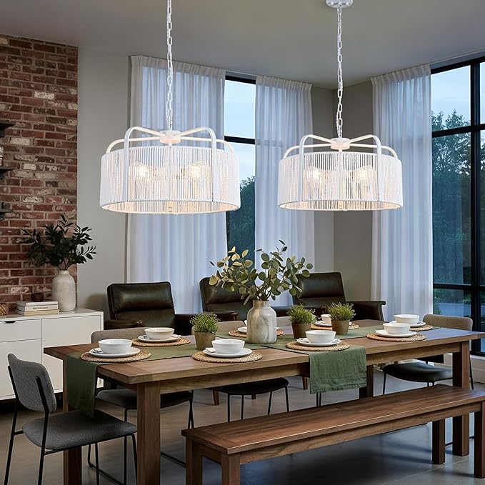 20” Rattan Chandelier, 5-Light Large Hand Woven Boho Chandelier with Fabric Shade, Farmhouse Light Fixtures for Dining Room & Kitchen Island (White, 20")