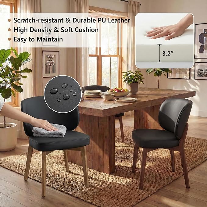 YOUNIKE Black Dining Chair with High Back Single Mid Century Modern Kitchen Chair Faux Leather Upholstered Armless Accent Chair 20" Wide Padded Seat with Soild Wooden Legs for Living Room Bedroom