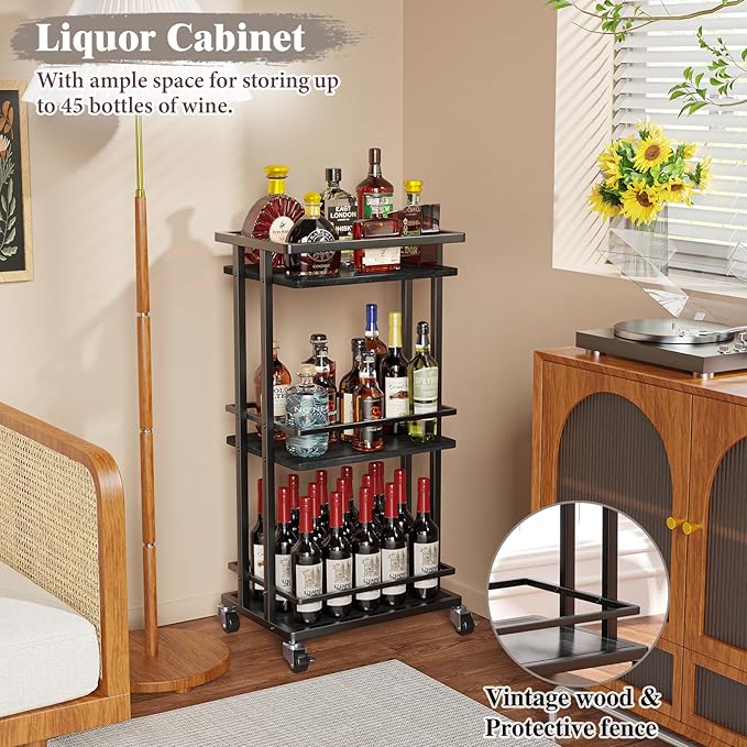 OKZEST 3 Tier Bar Cart for Home, Rolling Mini Liquor Bar for Wine Beverage Dinner Party, Utility Kitchen Storage Island Serving Cart on Wheels, Coffee Bar Cabinet for Kitchen Dining Living Room, Black