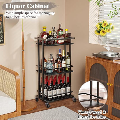 OKZEST 3 Tier Bar Cart for Home, Rolling Mini Liquor Bar for Wine Beverage Dinner Party, Utility Kitchen Storage Island Serving Cart on Wheels, Coffee Bar Cabinet for Kitchen Dining Living Room, Black