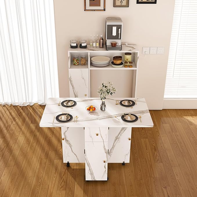 Adjustable Extendable Dining Table with Storage & Power Outlets, 15mm Eco-Friendly Board, Silent Wheels, 3-Size Modes, Space-Saving Design for Small Spaces