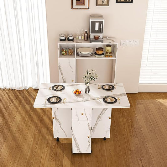 Multifunctional Convertible Folding Dining Table with Integrated Sideboard Storage Cabinet Power Outlets USB Ports Drop Leaf Expandable Rolling Kitchen Island Workspace Console Desk Hutch (White)