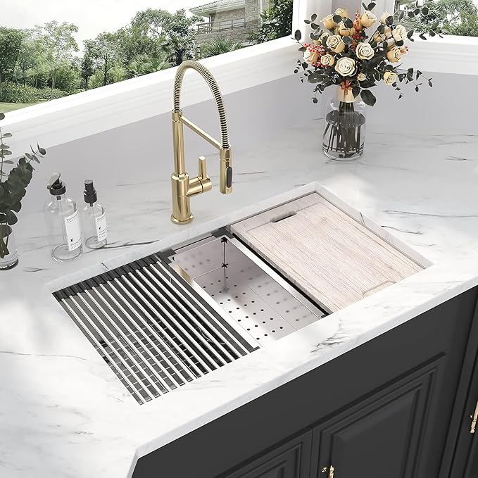 Kichae 36 Undermount Kitchen Sink- 36 x 19 Undermount Sink Ledge Workstation Stainless Steel 16 Gauge Single Bowl Round Corner Handmade with Cutting Board