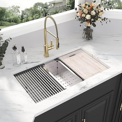 Kichae 36 Undermount Kitchen Sink- 36 x 19 Undermount Sink Ledge Workstation Stainless Steel 16 Gauge Single Bowl Round Corner Handmade with Cutting Board