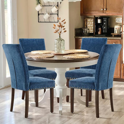 COLAMY Upholstered Parsons Dining Chairs Set of 2, Fabric Dining Room Kitchen Side Chair with Nailhead Trim and Wood Legs - Dark Blue