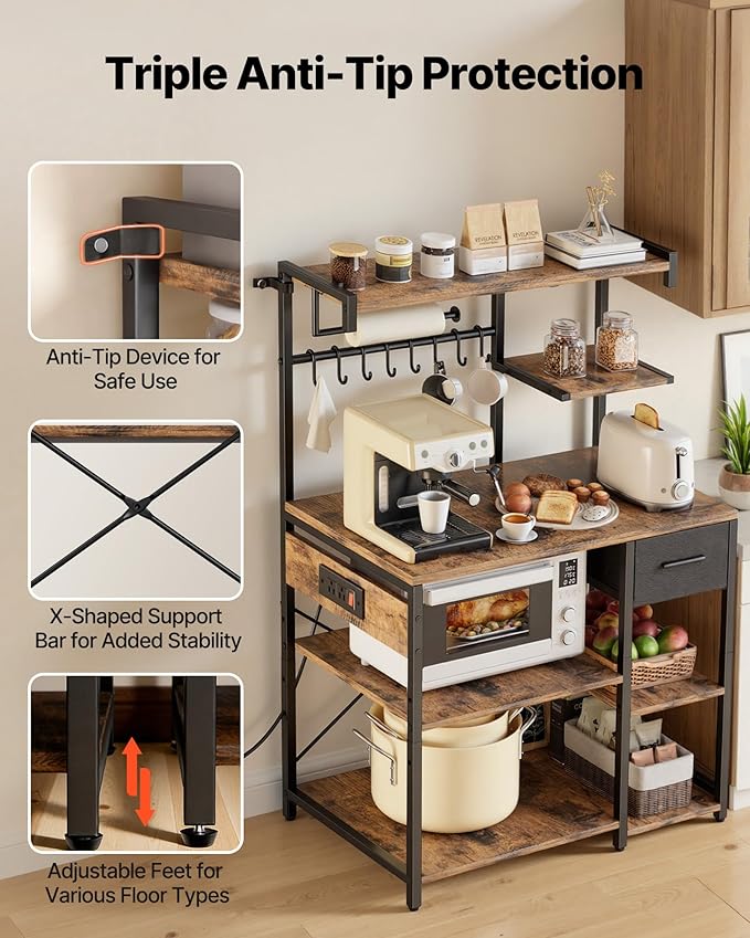 VEVOR Kitchen Bakers Rack with Power Outlets, 31.5 x 15.7 x 55.1 Inch Microwave Stand with Built-in Power Strip & 4.6 Ft Cord, 8 S-Shaped Hooks, for Dish Storage, Spice Jars, Coffee Bar Organization