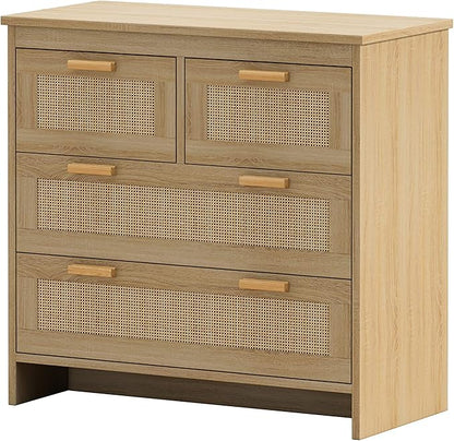 GDFStudio 31.5" Rattan Storage Cabinet with 4 Drawers, Modern Farmhouse Sideboard Buffet Cabinet, Wood Credenza Console Table for Living Room Dining Room Kitchen Hallway, Easy Assembly, Natural