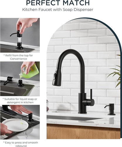 FORIOUS LED Kitchen Faucet with Soap Dispenser and Pull Down Sprayer, Matte Black High Arc Single Handle 3 Modes Stainless Steel Bar Faucet for Kitchen Sink RV Laundry Camper