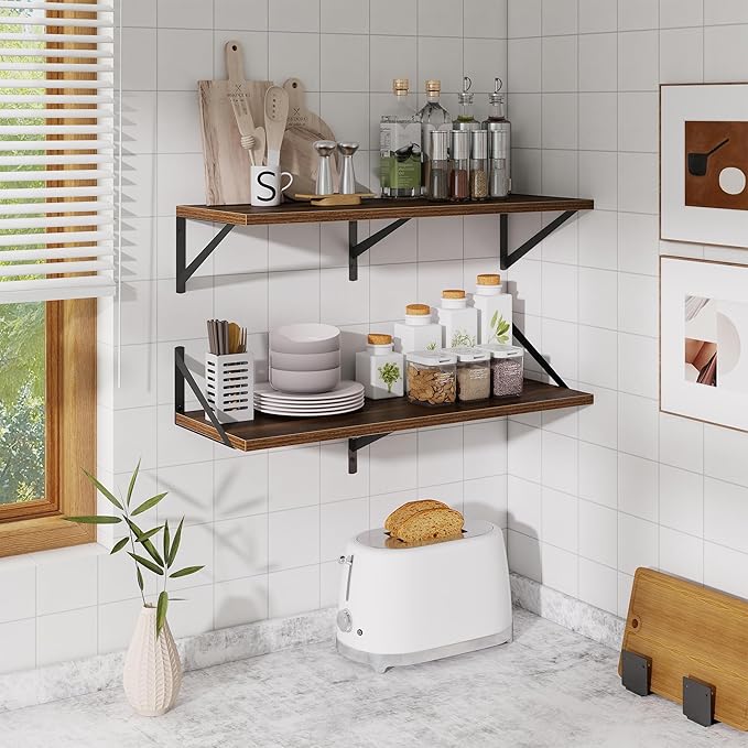 Acovy Floating Shelf for Wall,32" WX10 D Wood Floating Shelves with Sturdy Metal Bracket Set of 2,Wall Mounted Hanging Shelf for Bathroom,Bedroom,Kitchen,Walnut