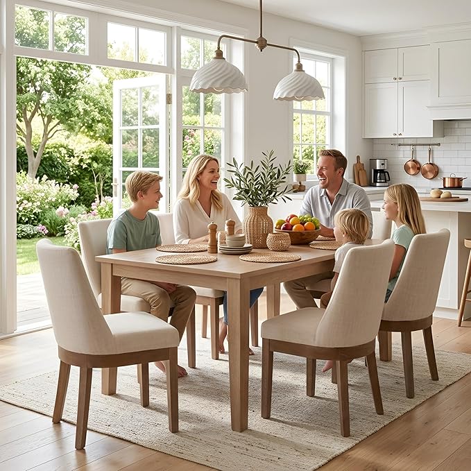 HNY Modern Dining Chairs Set of 4 with Comfortable Back Support, Farmhouse Soft Linen Upholstered Kitchen Dining Room Chairs with Solid Wood Legs, Armless Accent Side Chairs for Living Room, Beige