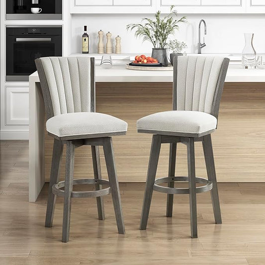 Lexicon Swivel Bar Stools Set of 2, Wood Frame Bar Height Stools with Footrest and Back, for Kitchen Island, Dining Room, 30.5" SH, Grey Finish and Thick Beige Velvet Cushion Seat