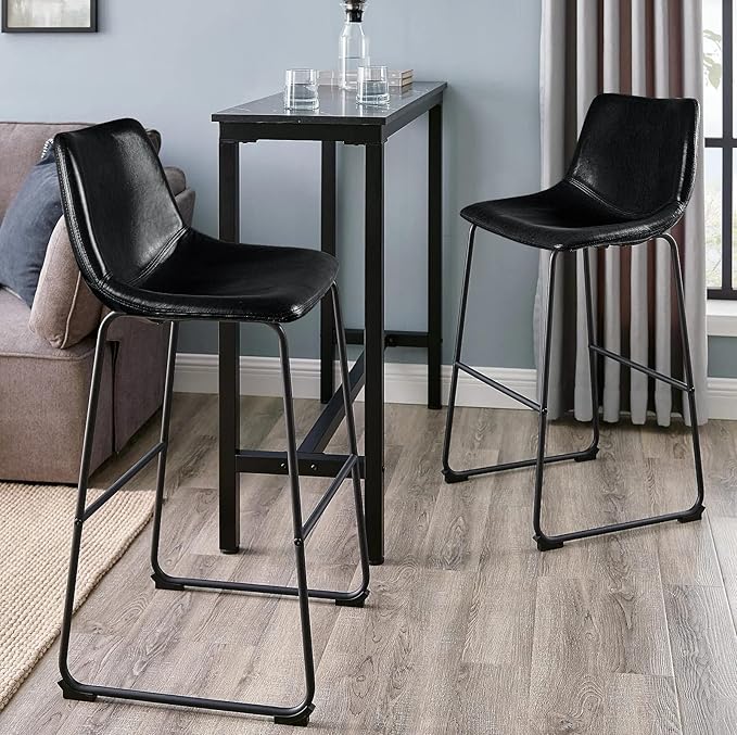 LEMBERI 30 inch Bar Stools Set of 2, Modern Counter Height Bar Stools, Faux Leather Barstool with Back and Metal Leg, Armless Bar Chairs for Kitchen Island (Black, 2pcs 30")